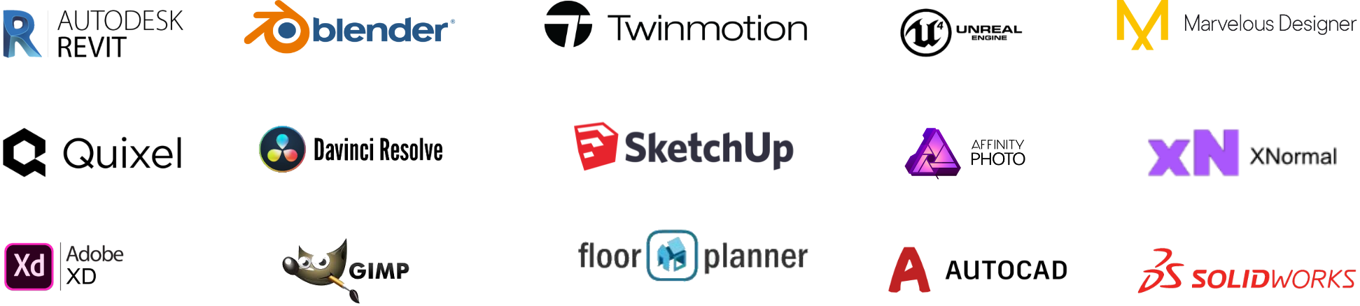 Revit, Blender, Twinmotion, unreal engine, Marvelous designer, Quixel, Davinci Resolve, Sketchup, Affinity Photo, xNormal, Adobe XD, Gimp, floor planner, AutoCad, Solidworks