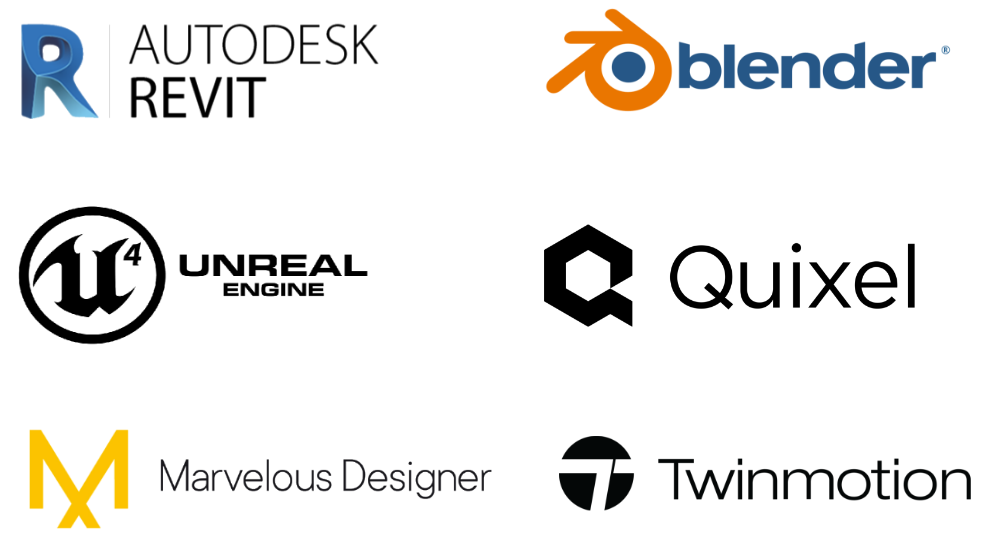 Revit, Blender, Unreal Engine, Quixel, Marvelous Designer, Twinmotion